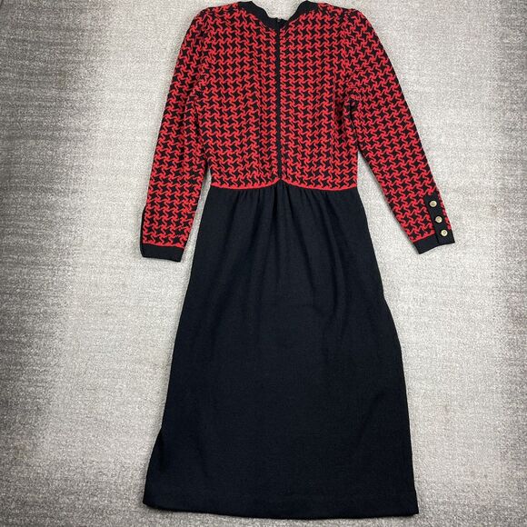 Vintage 1960s Pat Sandler Houndstooth Black Red Knit Midi Sweater Dress US 12 - Picture 7 of 16